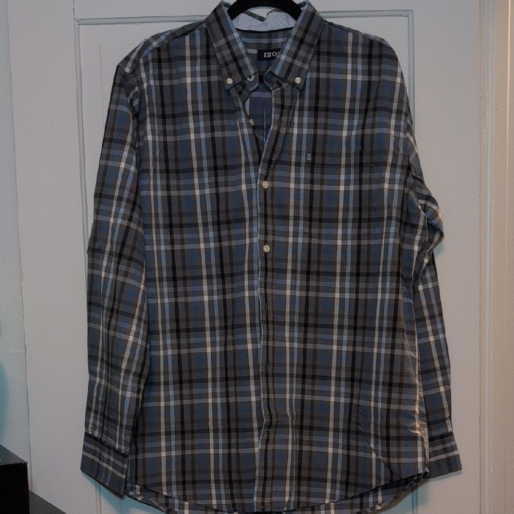 Izod Men's Gray and Blue Plaid Button Down Shirt